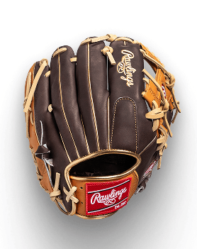 Brown and tan baseball glove with Rawlings logo on the wrist and palm.